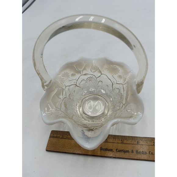 Fenton Handle Basket Bowl with Ruffled Edge Floral Pattern Opalescent Vintage - Picture 8 of 9